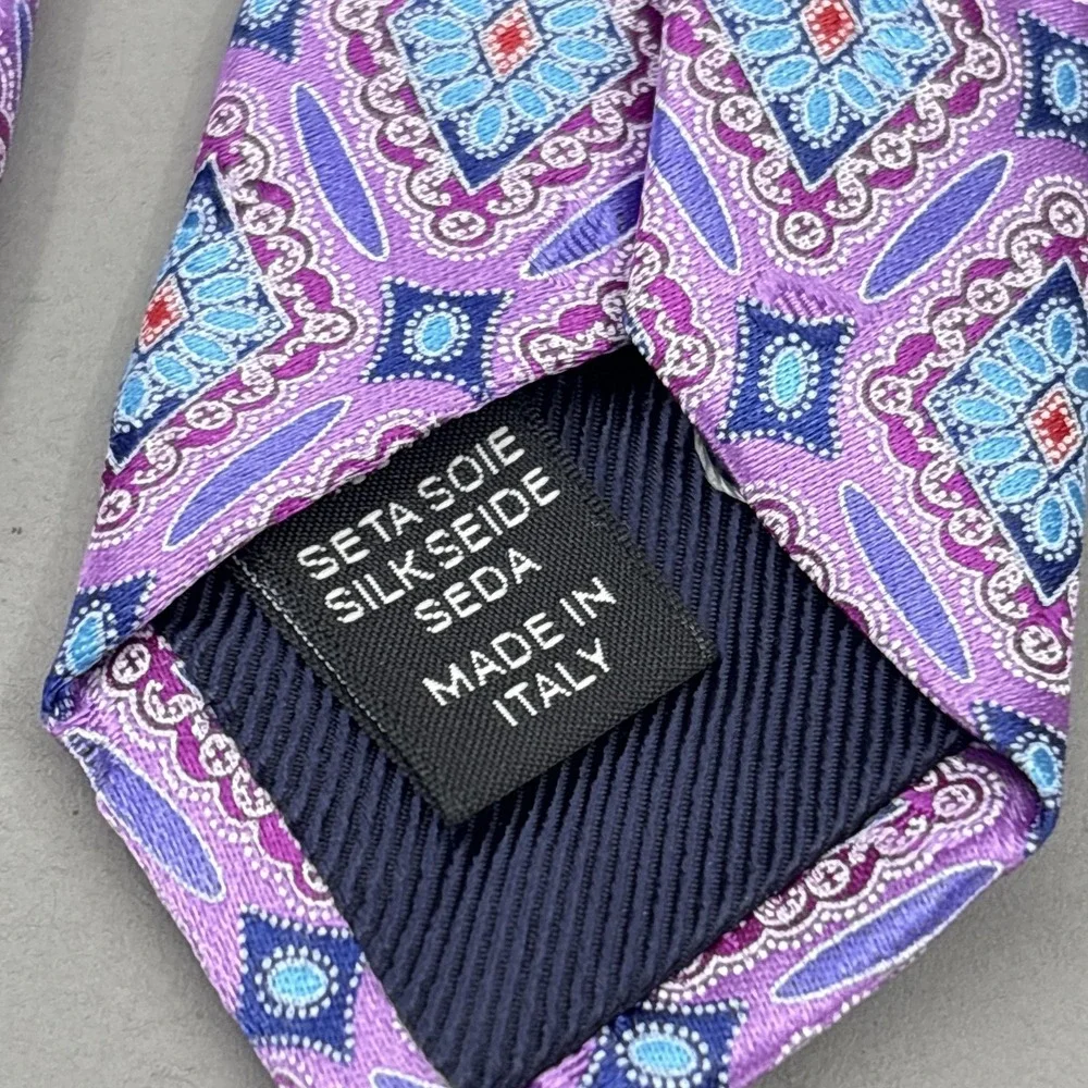 Ermenegildo Zegna Tie Purple Blue Geometric Medallion‎ Satin Silk Italy Luxury